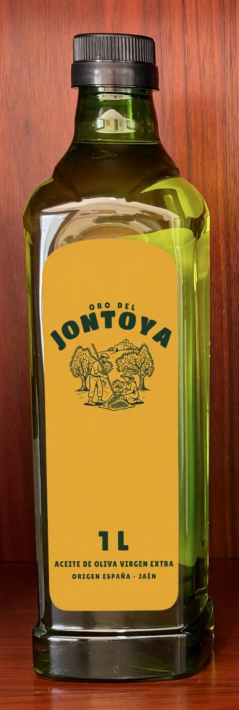 Botella de 1 L de Oro del Jontoya con la etiqueta mostaza