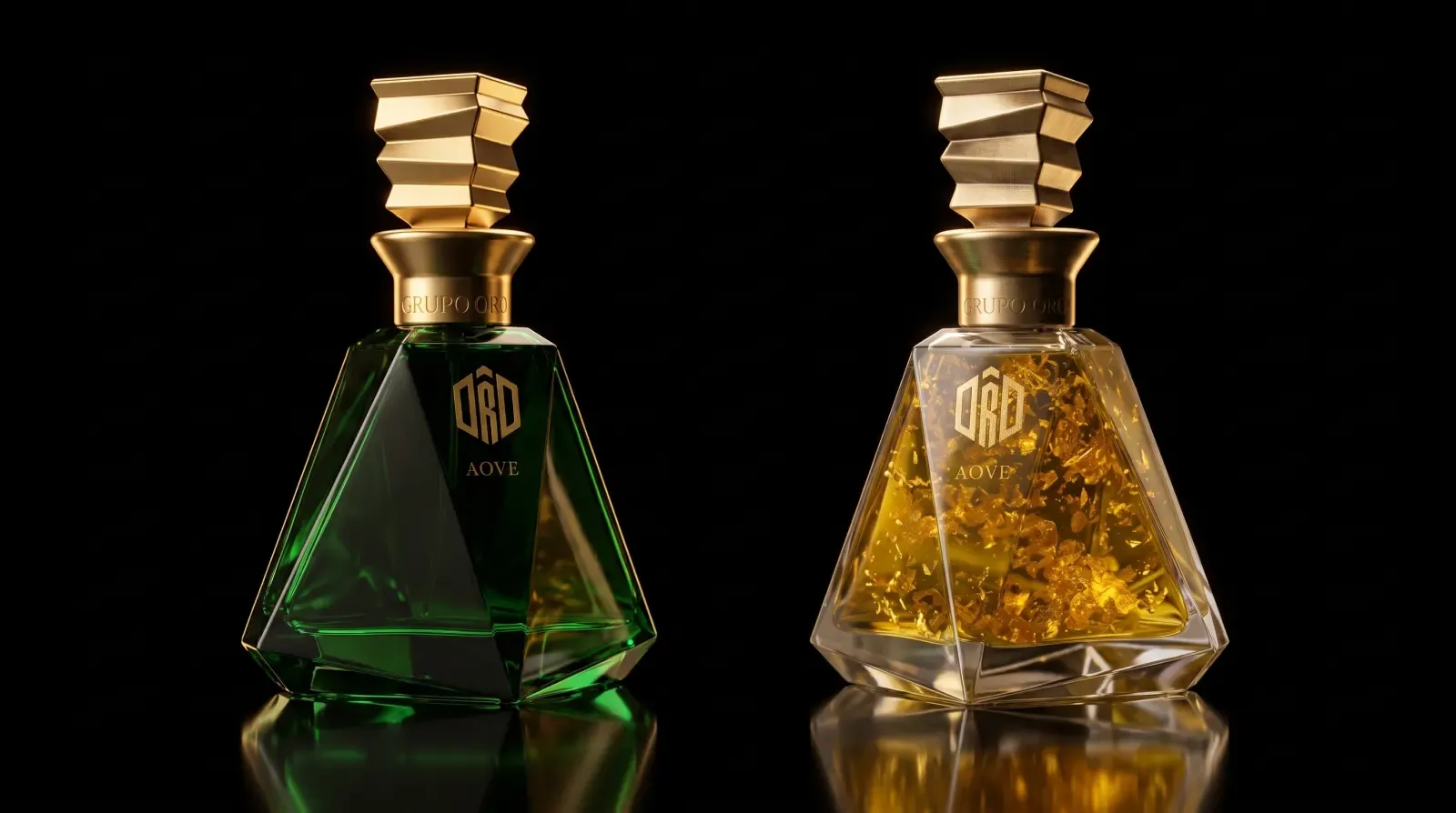 Las dos botellas de OroAove: Picual en cristal esmeralda y Arbequina con pan de oro