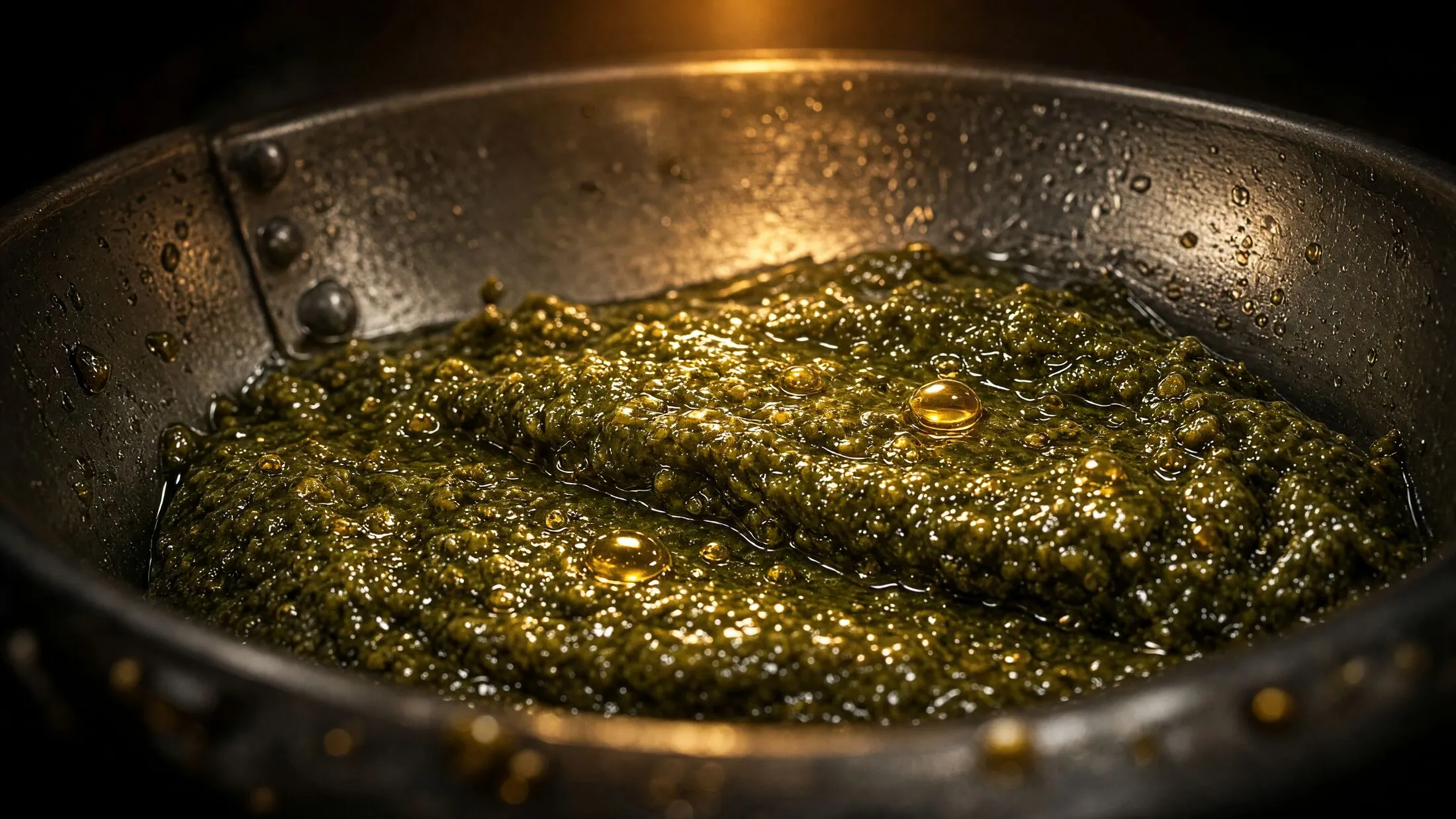 Pasta de aceituna moviéndose dentro de una batidora de acero