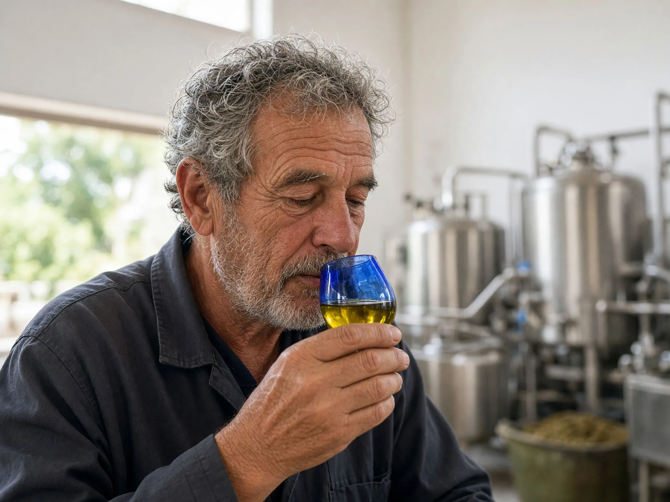 Un hombre huele el aceite de una copa de cata azul, con depósitos de acero al fondo