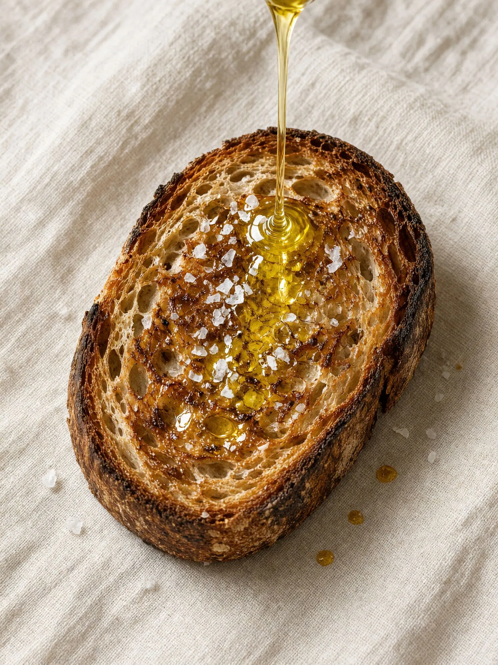 Rebanada de pan tostado con un hilo de aceite cayendo encima