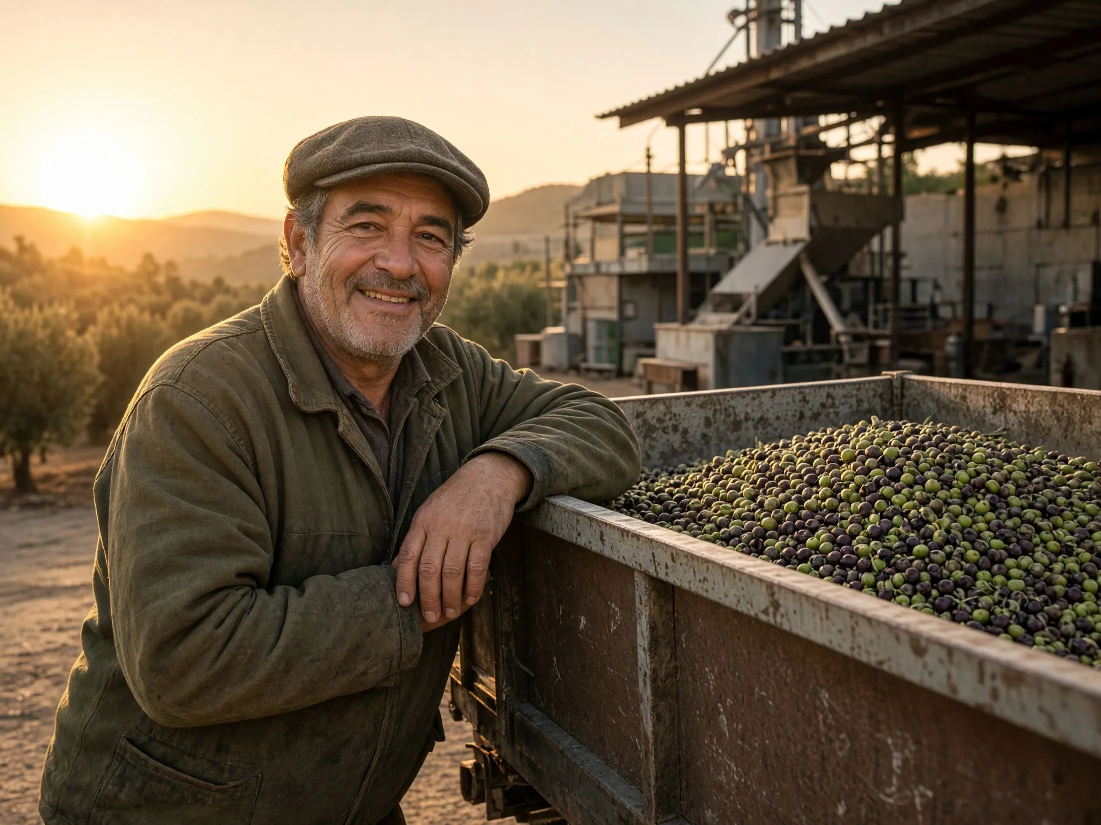 Agricultor sonriente con gorra, apoyado en su remolque lleno de aceituna frente a la almazara al atardecer
