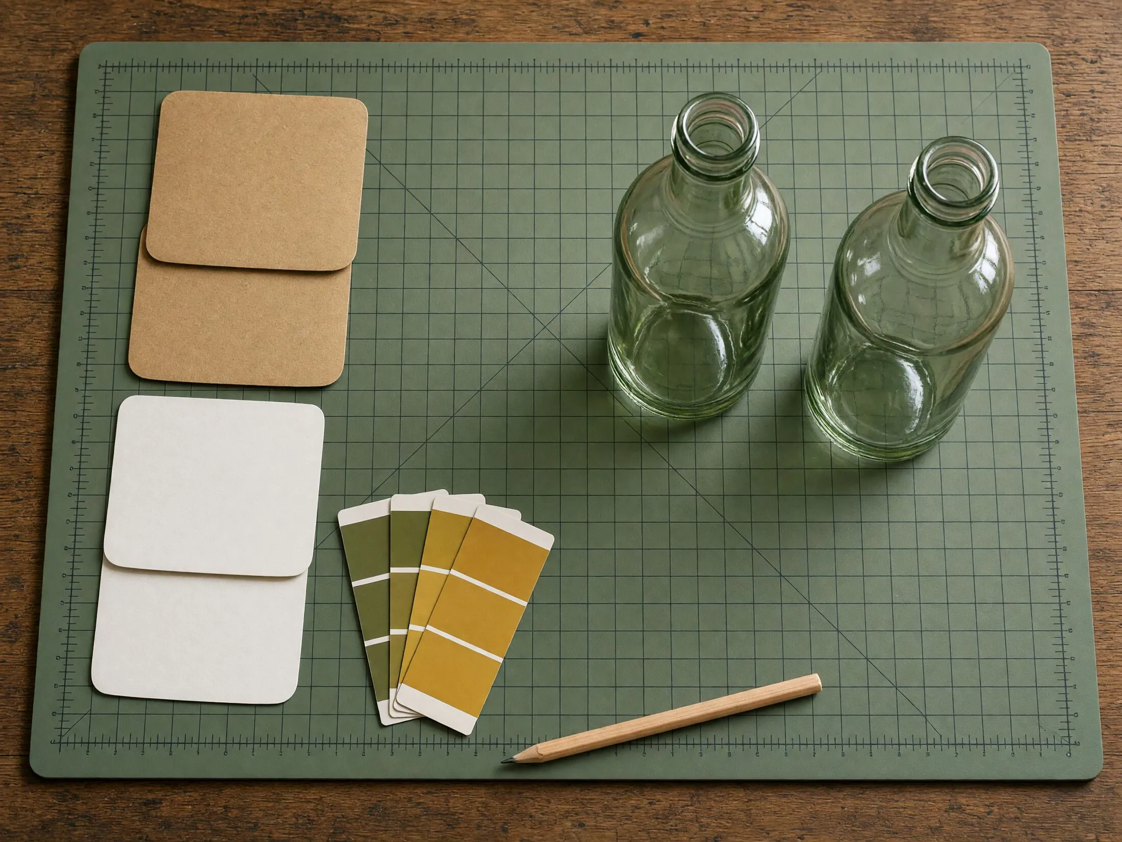 Mesa de diseño con dos botellas de vidrio, papeles de etiqueta y muestras de color verde oliva y amarillo