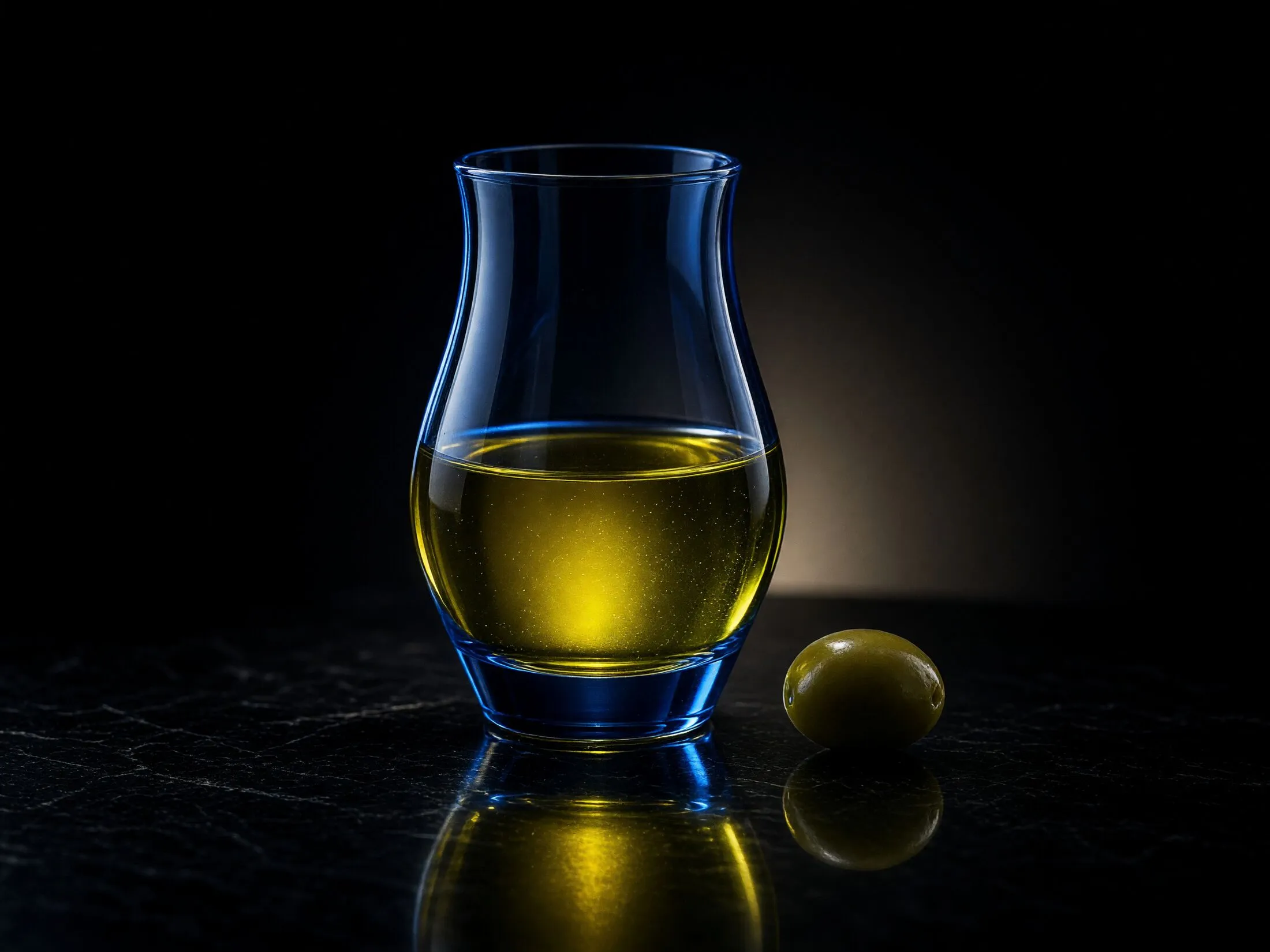 Copa de cata azul con aceite de oliva y una aceituna al lado, sobre fondo oscuro