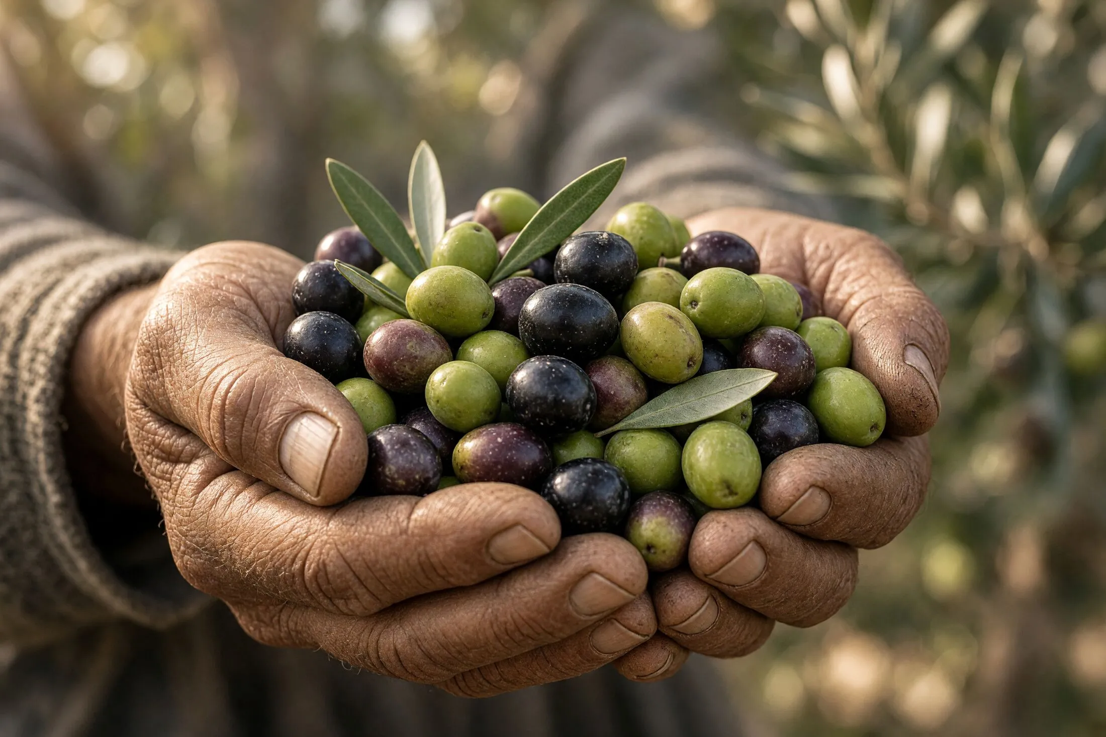 Manos curtidas de agricultor con un puñado de aceitunas verdes y moradas recién cogidas