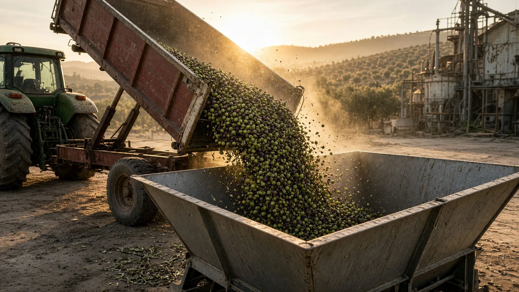 Un remolque vuelca aceituna en la tolva de recepción del molino al atardecer