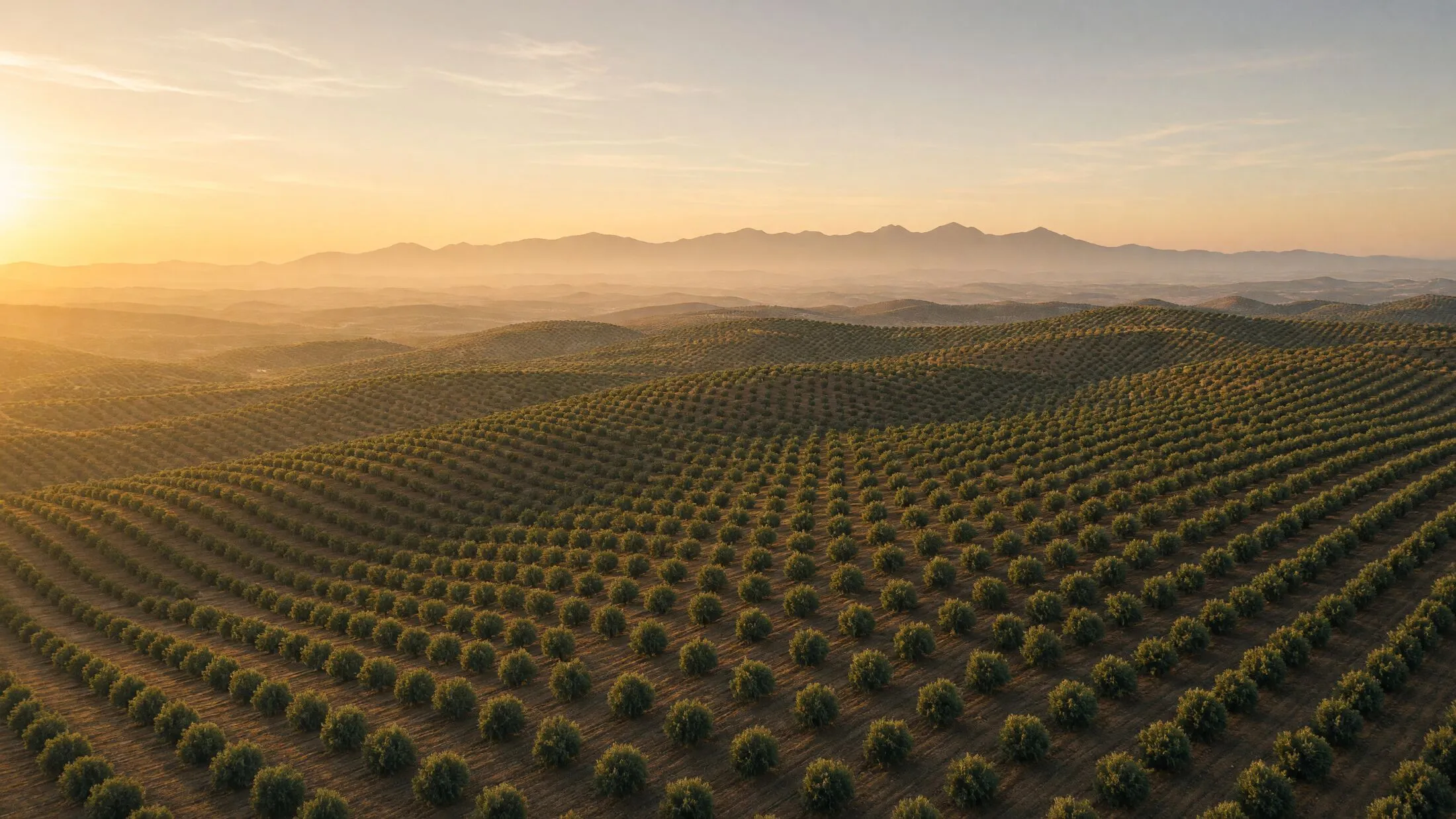 Olivar en hileras al atardecer, con sierras al fondo